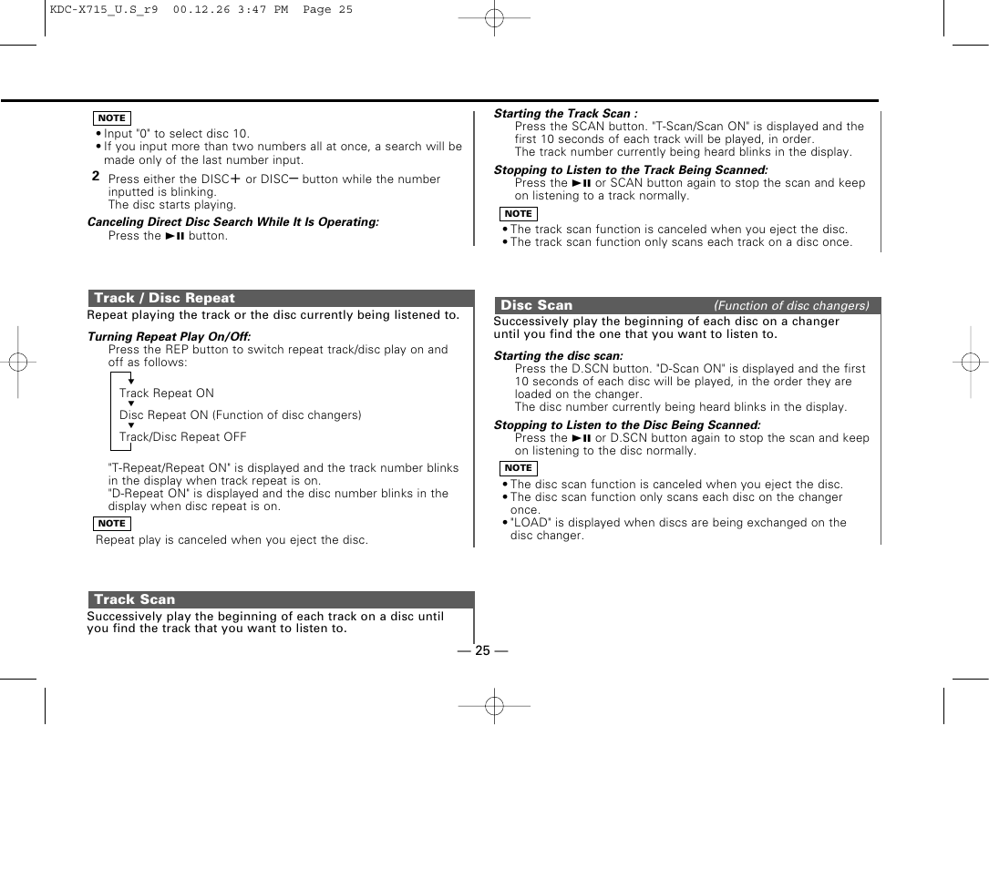 Track / disc repeat, Track scan, Disc scan | Kenwood 715S User Manual | Page 25 / 52