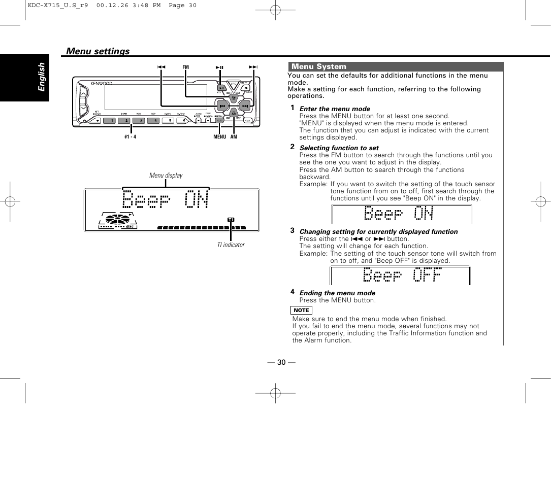 Menu settings, Menu system, English | Kenwood 715S User Manual | Page 30 / 52