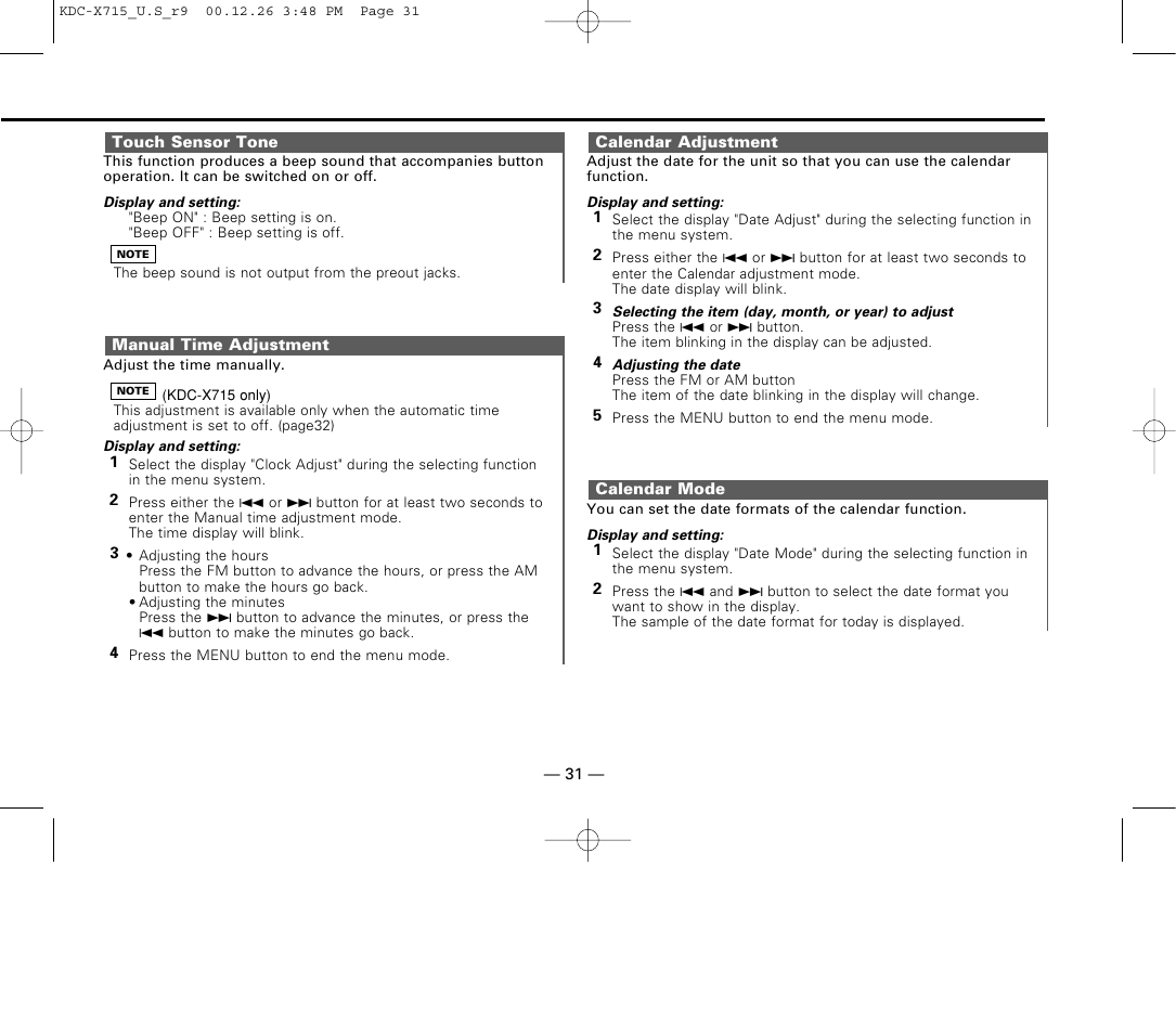 Touch sensor tone, Manual time adjustment, Calendar adjustment | Calendar mode | Kenwood 715S User Manual | Page 31 / 52