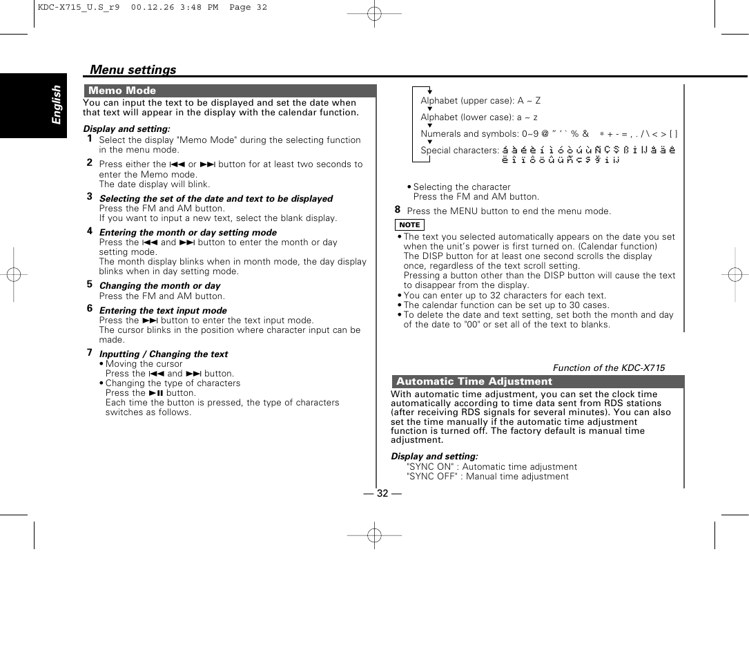 Memo mode, Automatic time adjustment, Menu settings | Kenwood 715S User Manual | Page 32 / 52