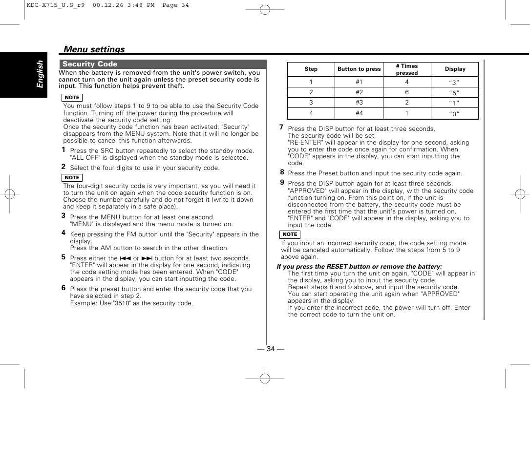 Security code, Menu settings | Kenwood 715S User Manual | Page 34 / 52