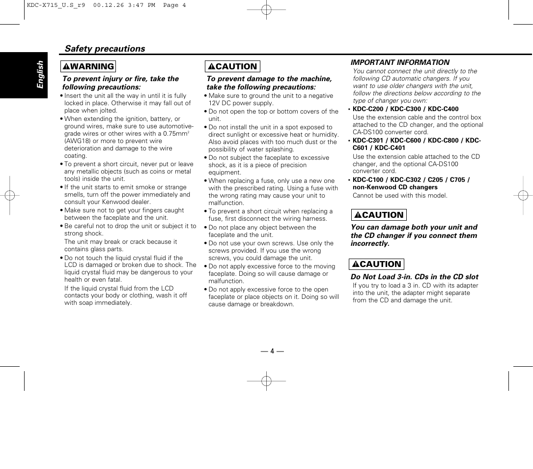 Safety precautions | Kenwood 715S User Manual | Page 4 / 52