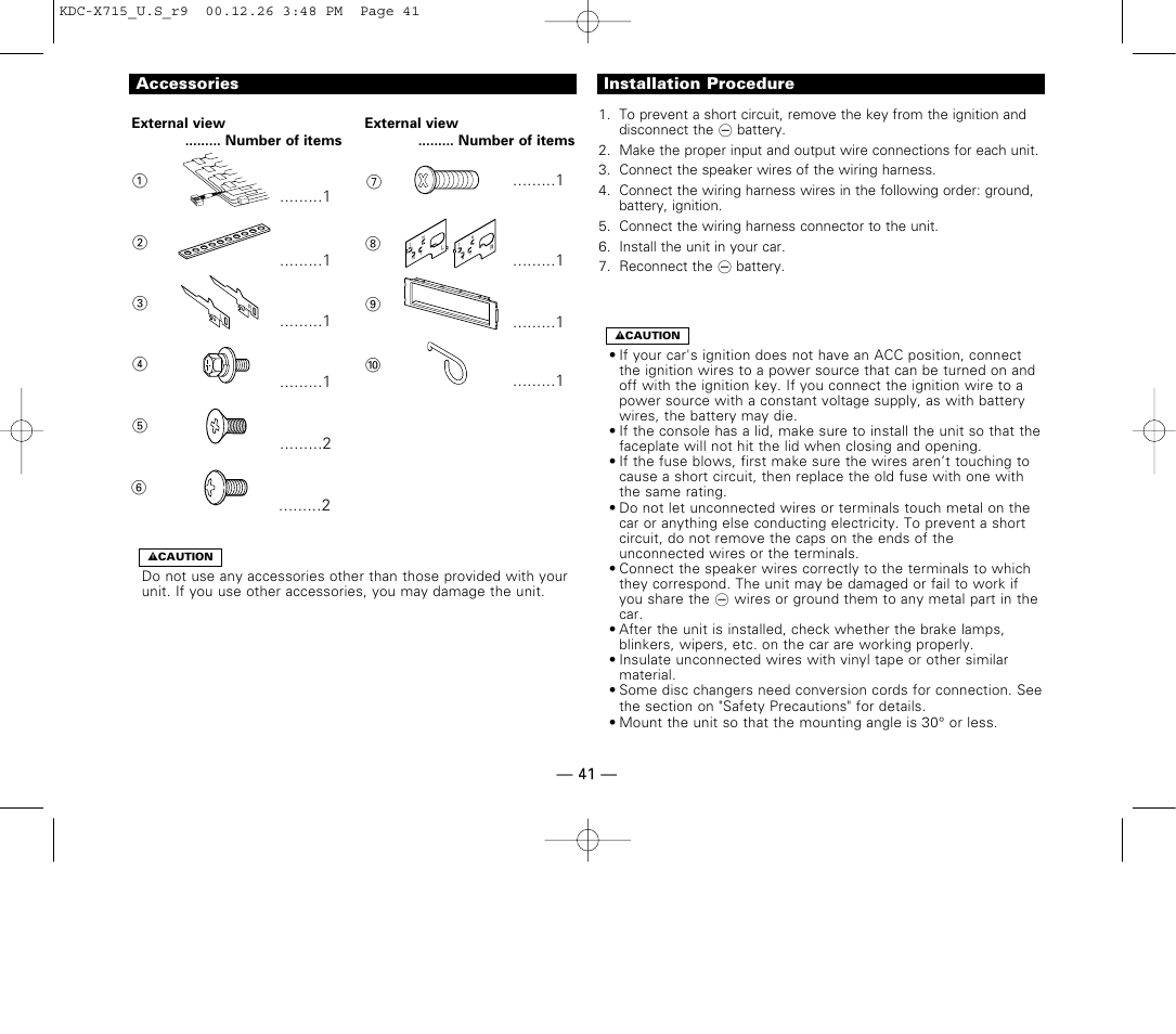 Installation, Accessories, Installation procedure | Kenwood 715S User Manual | Page 41 / 52