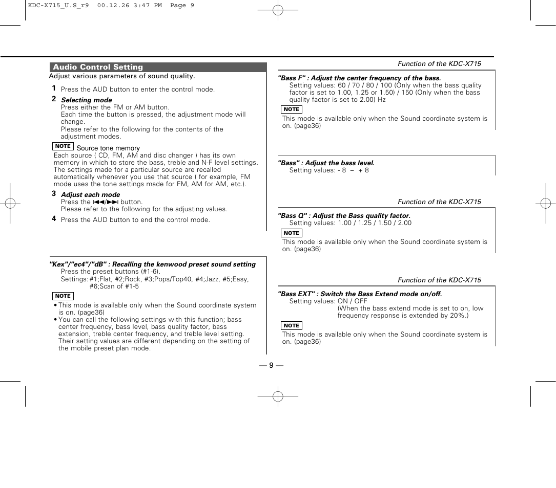 Audio control setting | Kenwood 715S User Manual | Page 9 / 52