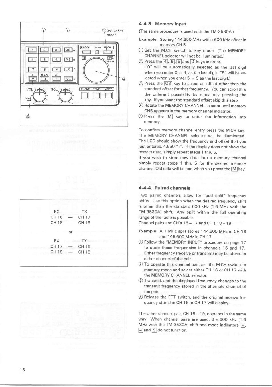 4-3. memory input, 4-4. paired channels, 4-3. memory input 4-4-4. paired channels | Kenwood TM-3530A User Manual | Page 16 / 47