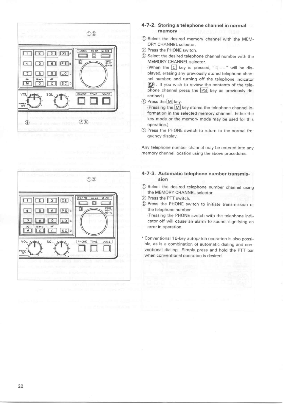 2. storing a telephone channel in normal memory, 7-3. automatic telephone number transmission | Kenwood TM-3530A User Manual | Page 22 / 47