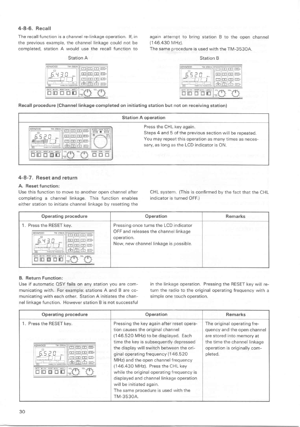 8-7. reset and return, O n □ o o, 5 baa | Kenwood TM-3530A User Manual | Page 30 / 47