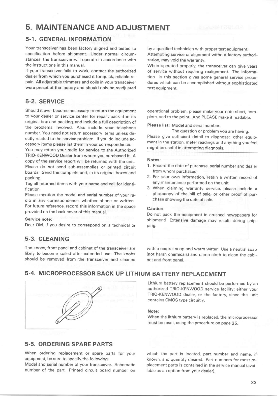 Maintenance and adjustment, 1. general information, 2. service | 3. cleaning, 5. ordering spare parts, 1. general information 5-2. service 5-3. cleaning | Kenwood TM-3530A User Manual | Page 33 / 47