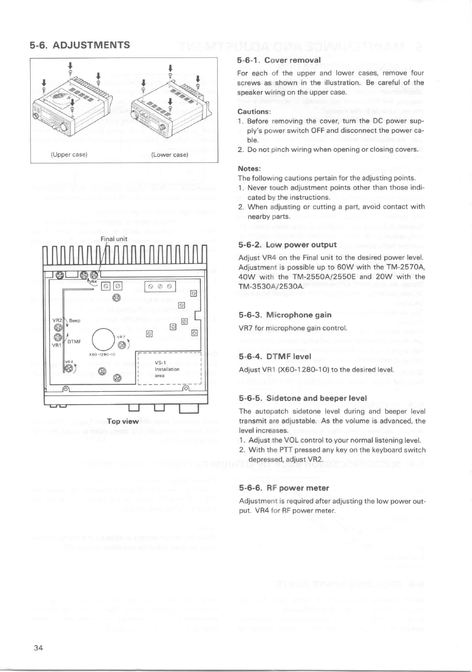 6. adjustments, 6-2. low power output, 6-3. microphone gain | 6-4. dtmf level, 6-5. sidetone and beeper level, 6-6. rf power meter, Low power output, Microphone gain, Dtmf level, Sidetone and beeper level | Kenwood TM-3530A User Manual | Page 34 / 47