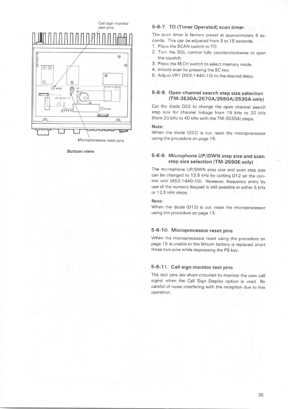 6-10. microprocessor reset pins, 6-11. call sign monitor test pins | Kenwood TM-3530A User Manual | Page 35 / 47
