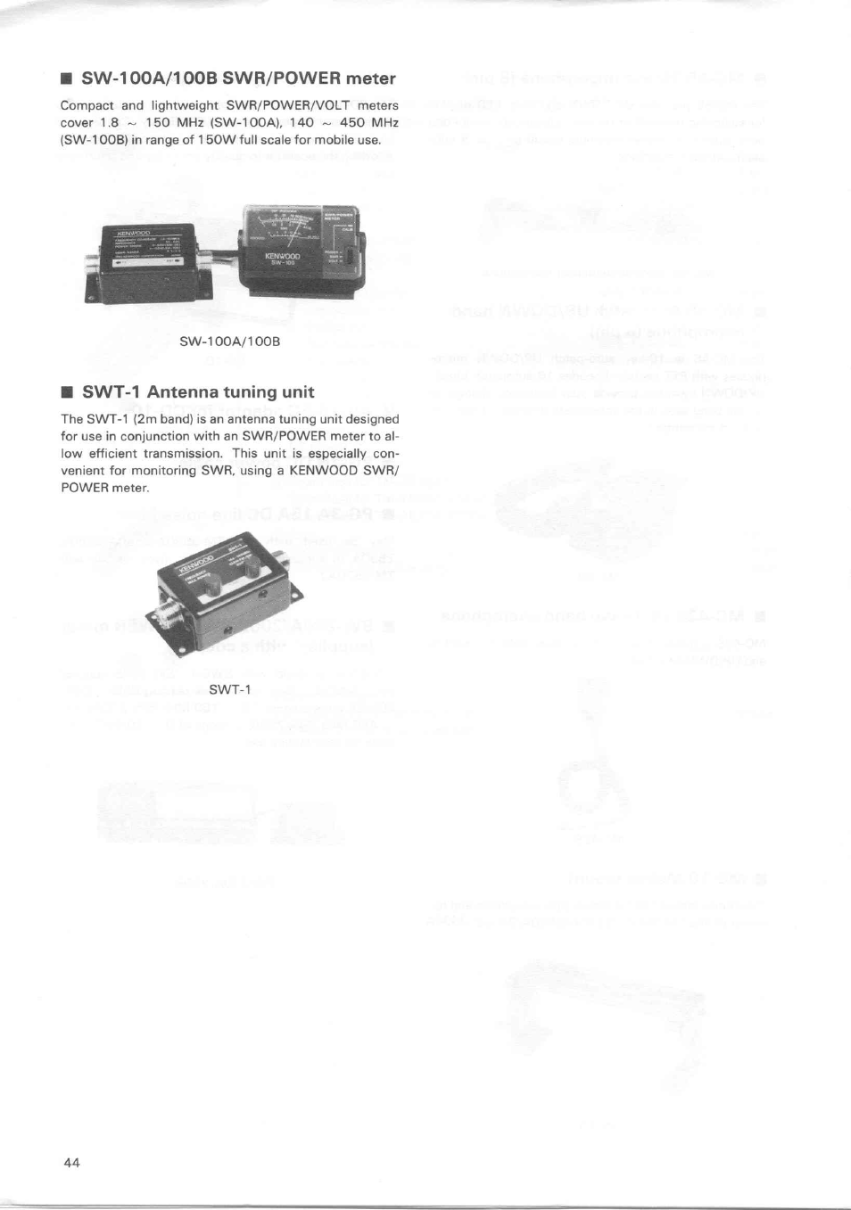 Sw-100a/100bswr/power meter, Swt-1 antenna tuning unit | Kenwood TM-3530A User Manual | Page 44 / 47