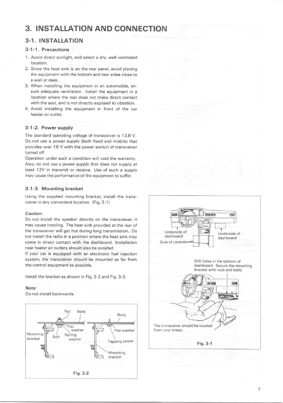 Installation and connection, 1. installation, 1-1. precautions | 1 -2. power supply, 1-3. mounting bracket | Kenwood TM-3530A User Manual | Page 7 / 47