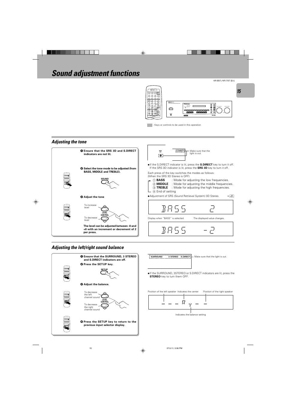 Sound adjustment functions | Kenwood KR-797 User Manual | Page 15 / 32