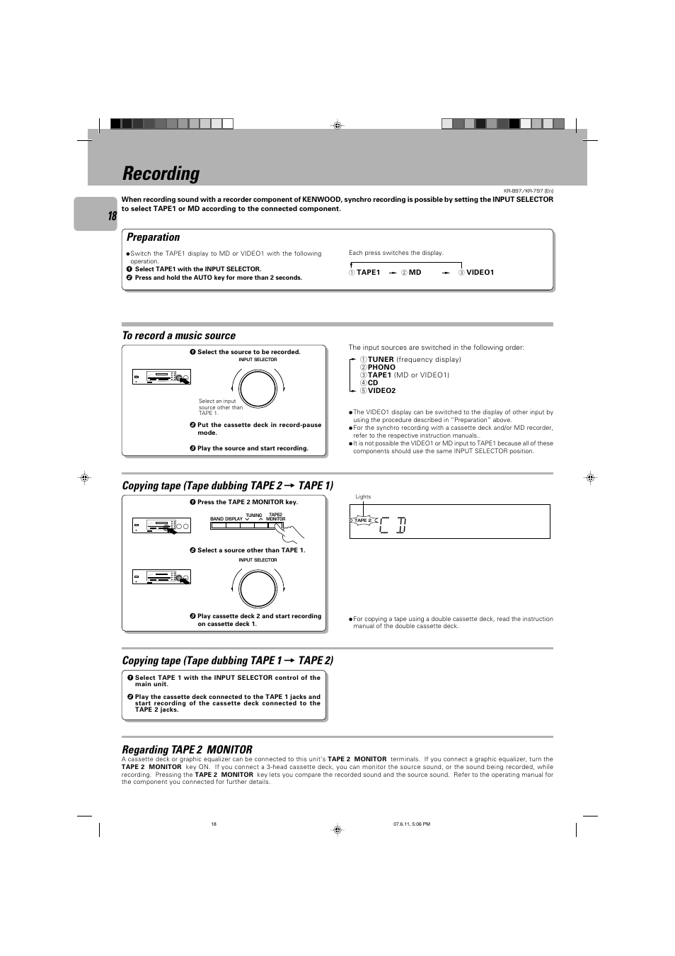 Recording, Copying tape (tape dubbing tape 2 = tape 1), Copying tape (tape dubbing tape 1 = tape 2) | Regarding tape 2 monitor, Preparation | Kenwood KR-797 User Manual | Page 18 / 32