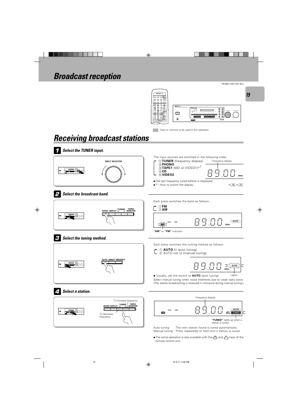 Broadcast reception, Receiving broadcast stations | Kenwood KR-797 User Manual | Page 19 / 32