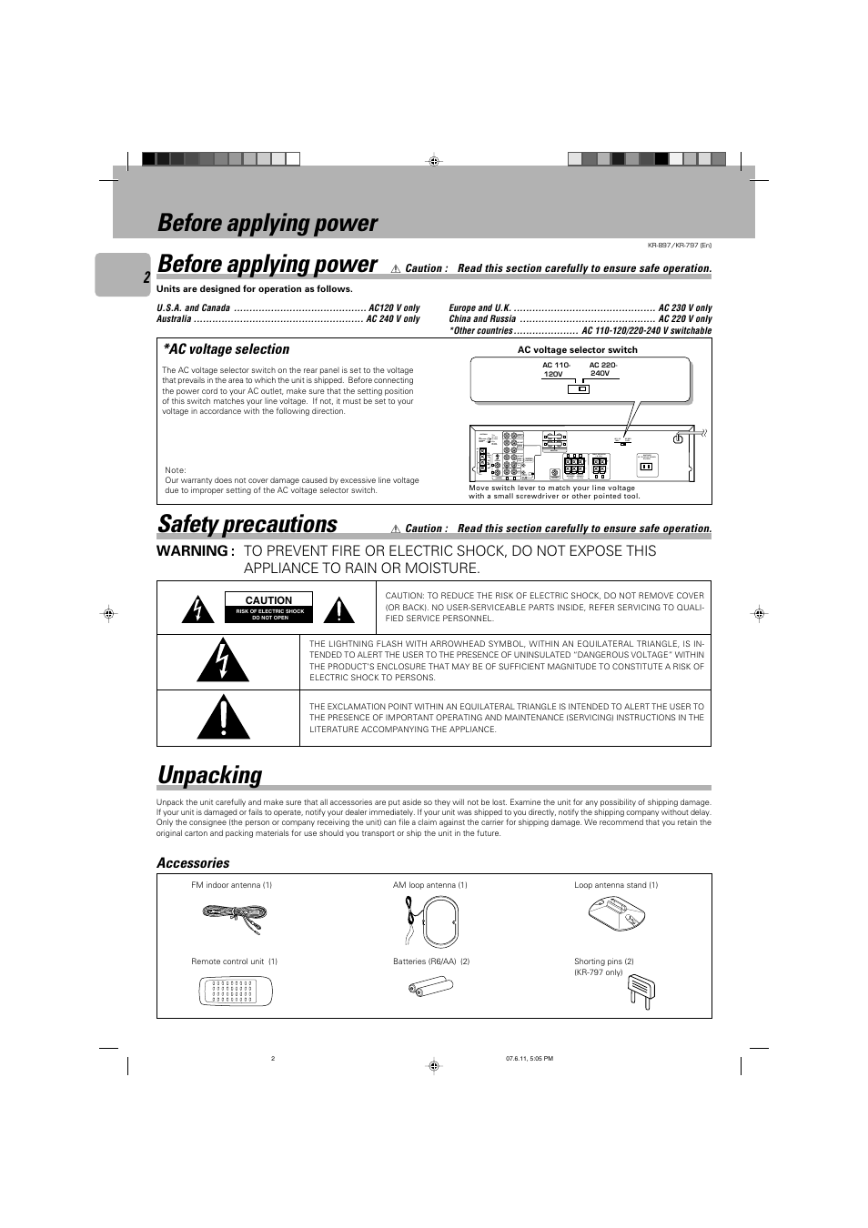 Unpacking before applying power safety precautions, Before applying power | Kenwood KR-797 User Manual | Page 2 / 32