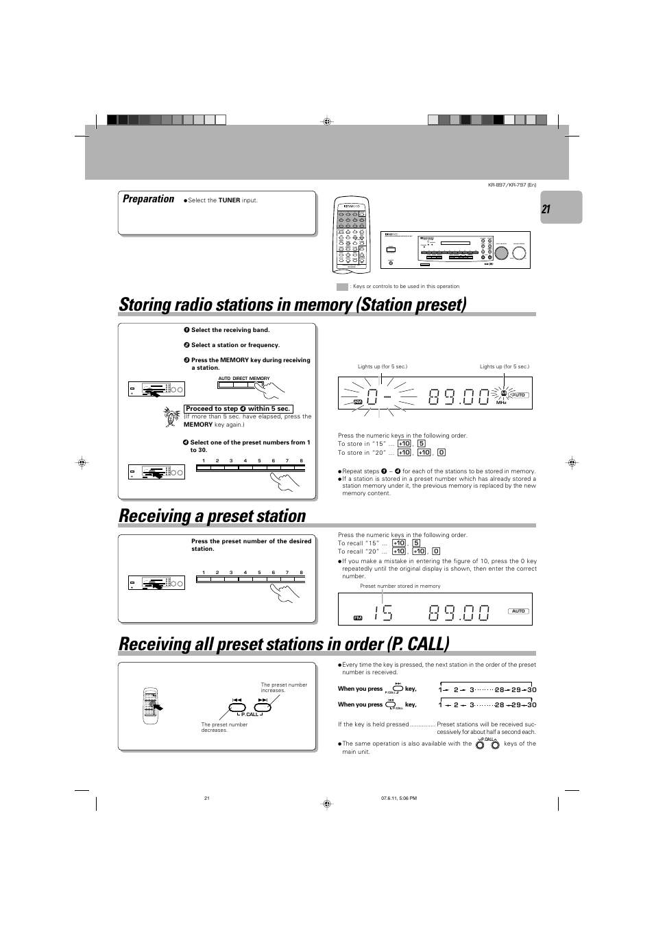 Receiving a preset station, Receiving all preset stations in order (p. call), Preparation | Kenwood KR-797 User Manual | Page 21 / 32