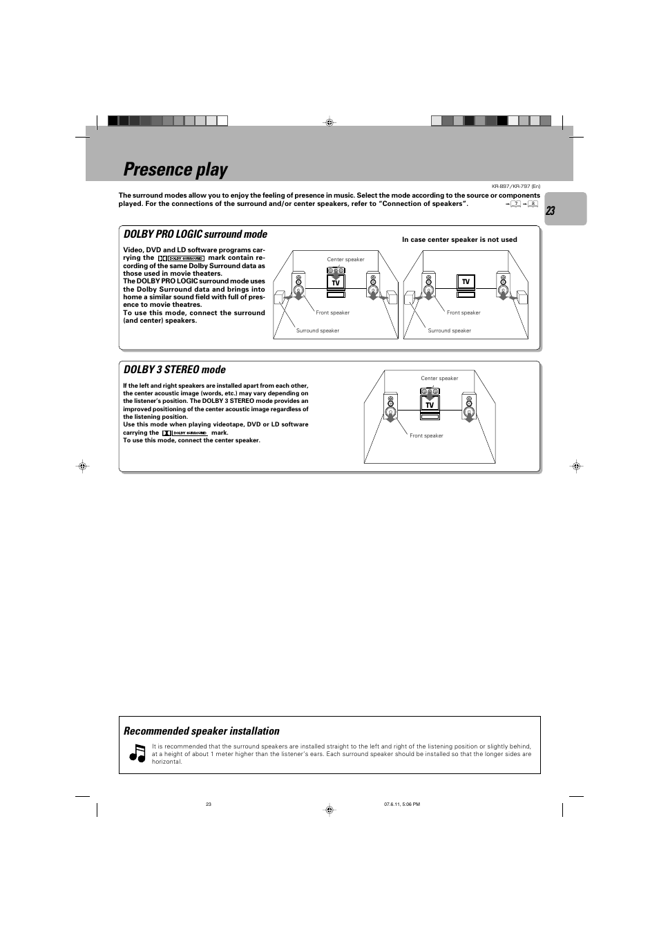 Presence play, Dolby pro logic surround mode, Dolby 3 stereo mode | Recommended speaker installation | Kenwood KR-797 User Manual | Page 23 / 32