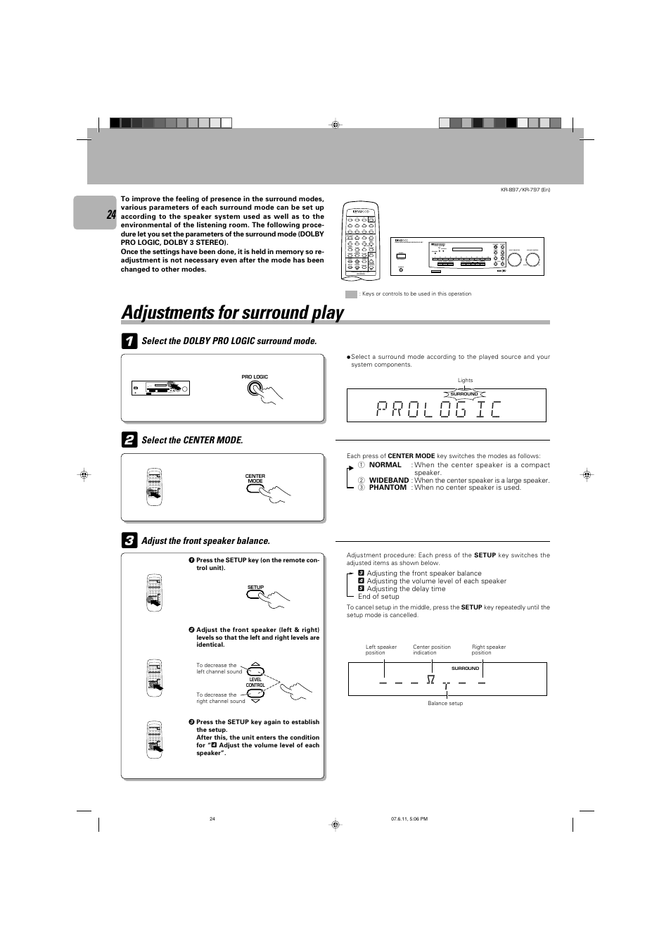 Adjustments for surround play | Kenwood KR-797 User Manual | Page 24 / 32