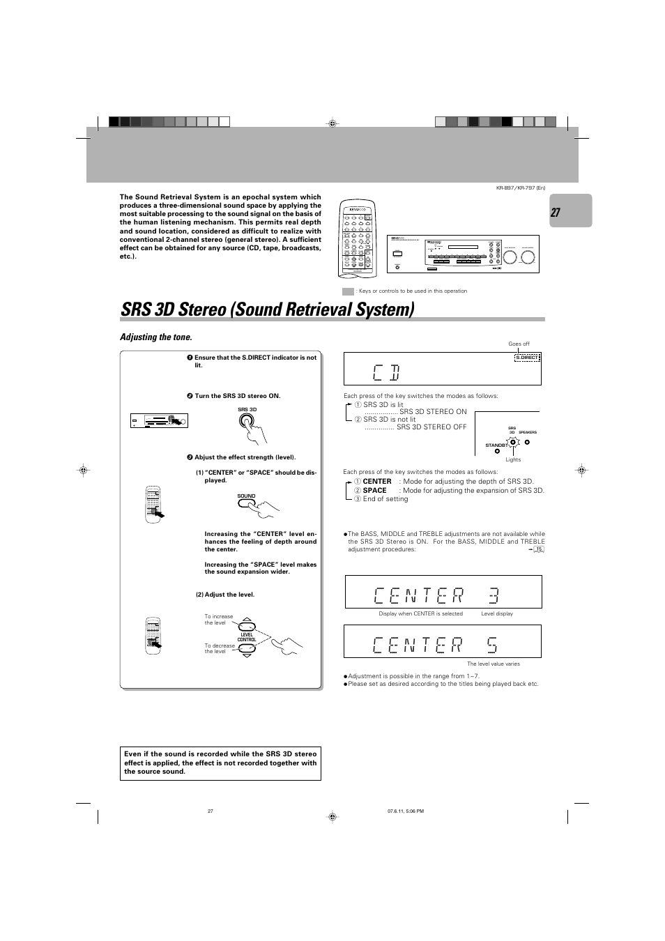 Srs 3d stereo (sound retrieval system) | Kenwood KR-797 User Manual | Page 27 / 32