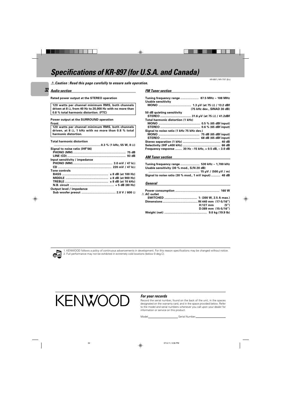 Specifications of kr-897 (for u.s.a. and canada) | Kenwood KR-797 User Manual | Page 32 / 32