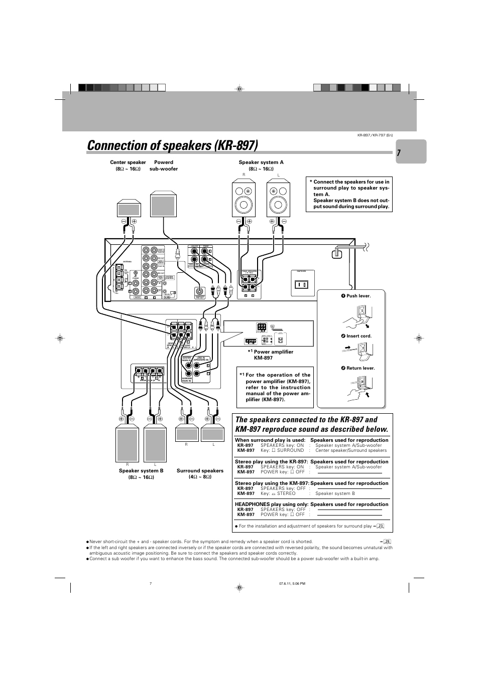 Connection of speakers (kr-897), 50/60hz unswitched, Rl speakers b (8-16 ) | Kenwood KR-797 User Manual | Page 7 / 32