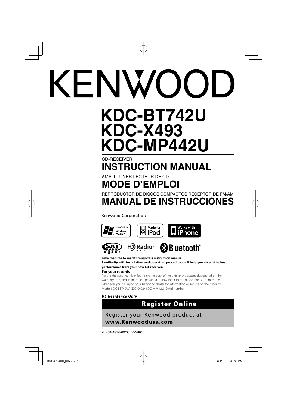 Kenwood KDC-BT742U User Manual | 140 pages