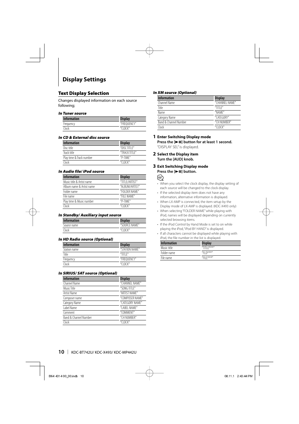 Display settings, Text display selection | Kenwood KDC-BT742U User Manual | Page 10 / 140