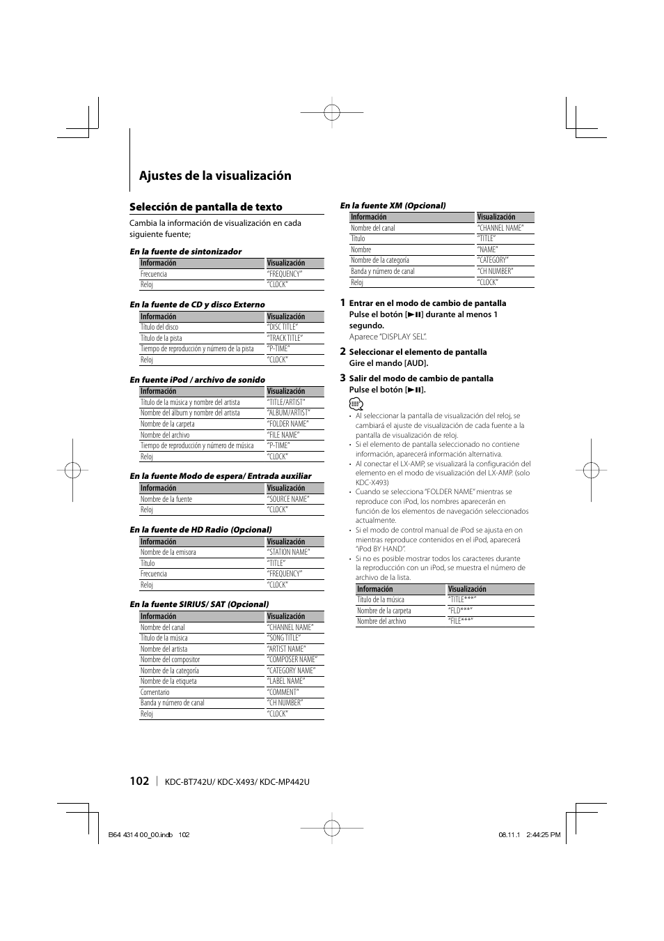 Ajustes de la visualización, Selección de pantalla de texto | Kenwood KDC-BT742U User Manual | Page 102 / 140