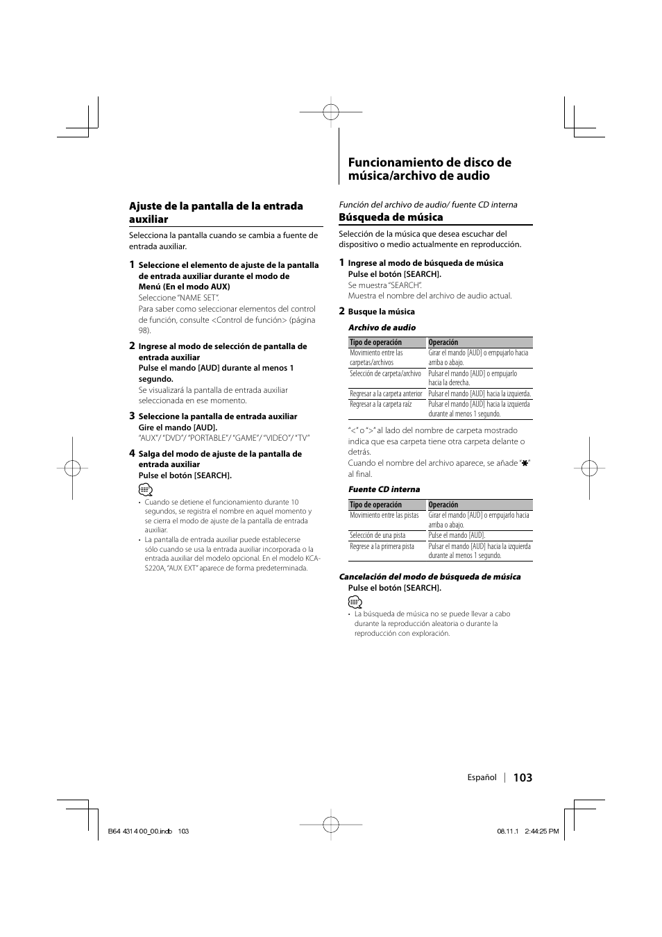 Funcionamiento de disco de música/archivo de audio | Kenwood KDC-BT742U User Manual | Page 103 / 140