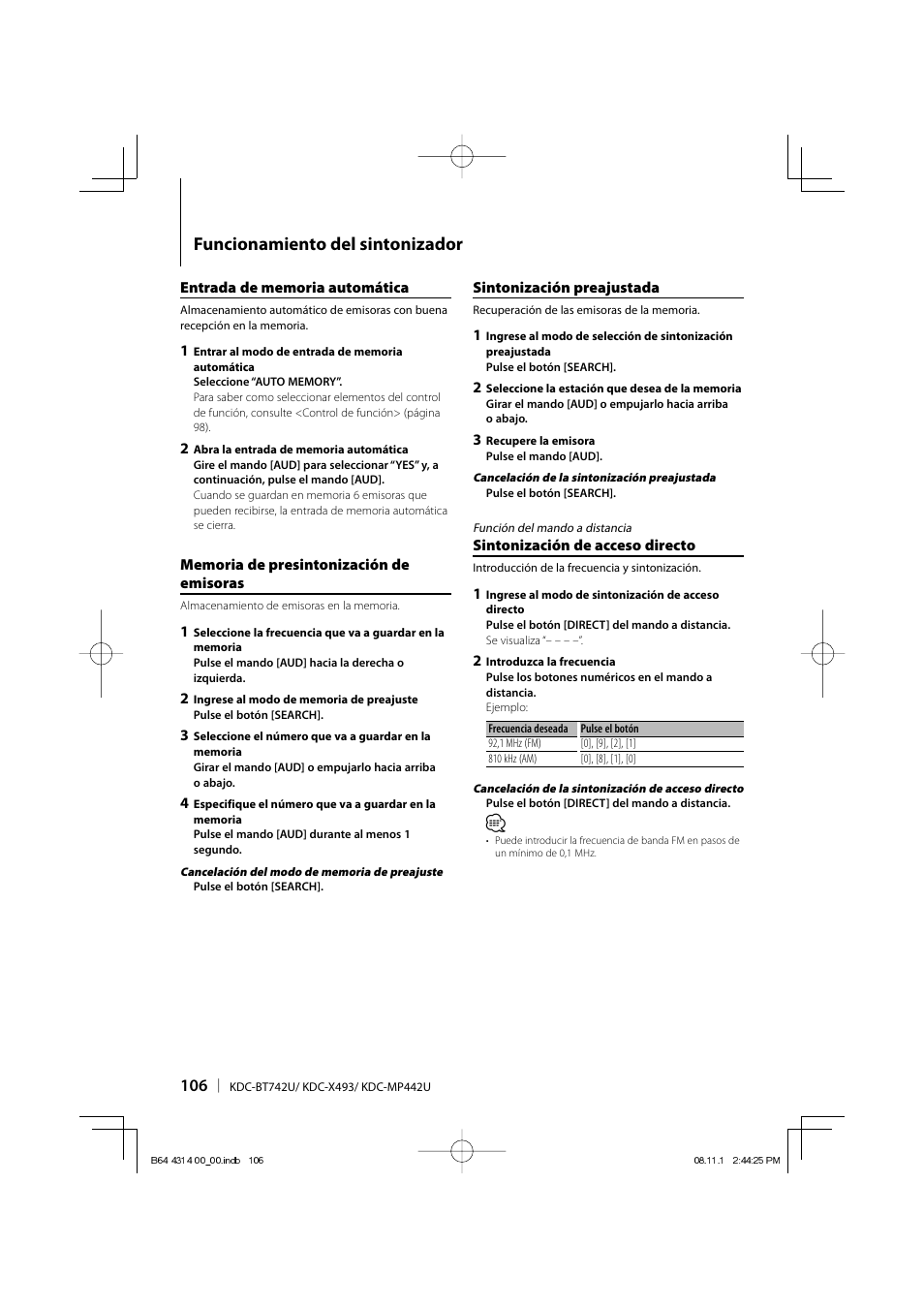 Funcionamiento del sintonizador | Kenwood KDC-BT742U User Manual | Page 106 / 140