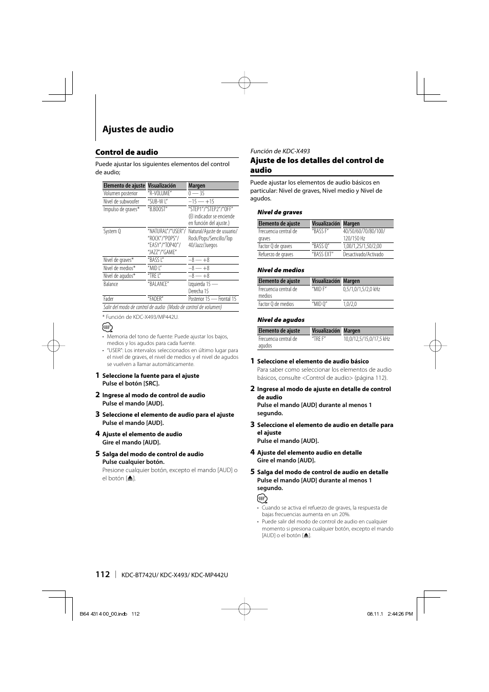 Ajustes de audio | Kenwood KDC-BT742U User Manual | Page 112 / 140