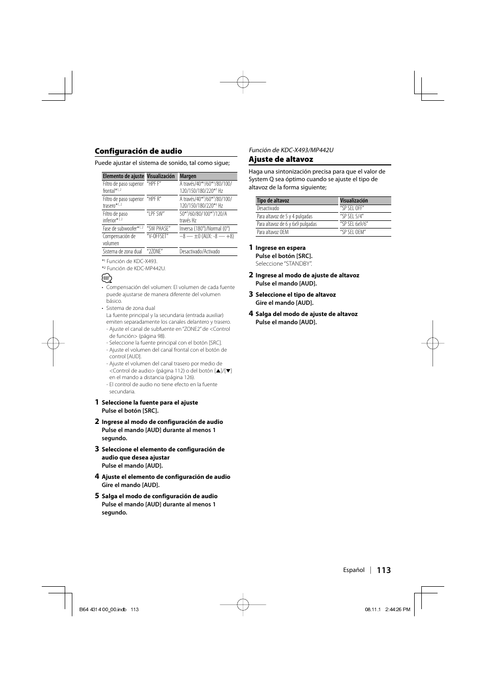 Ajuste de altavoz, Configuración de audio | Kenwood KDC-BT742U User Manual | Page 113 / 140