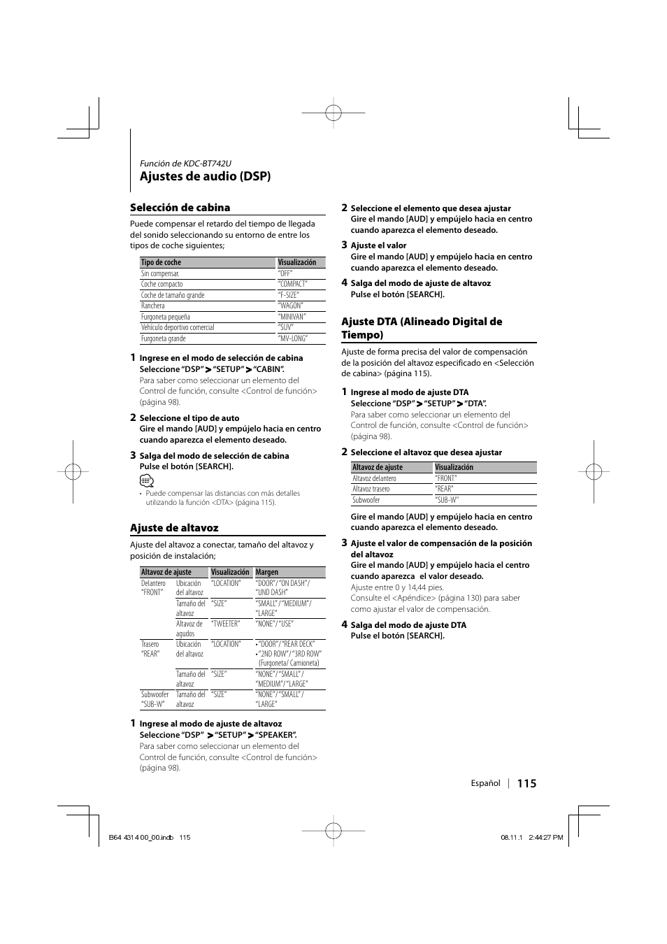 Ajustes de audio (dsp) | Kenwood KDC-BT742U User Manual | Page 115 / 140