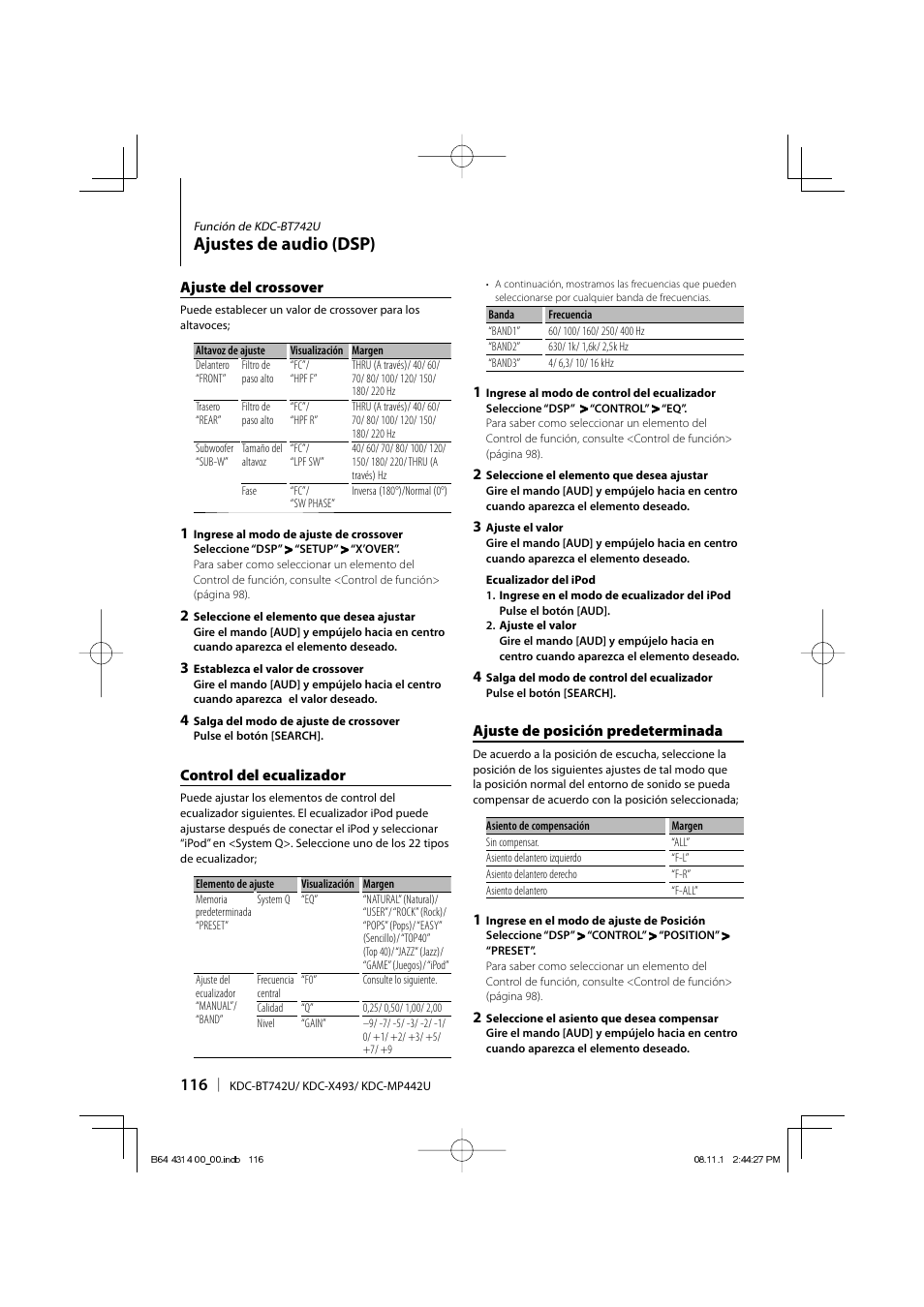 Ajustes de audio (dsp) | Kenwood KDC-BT742U User Manual | Page 116 / 140