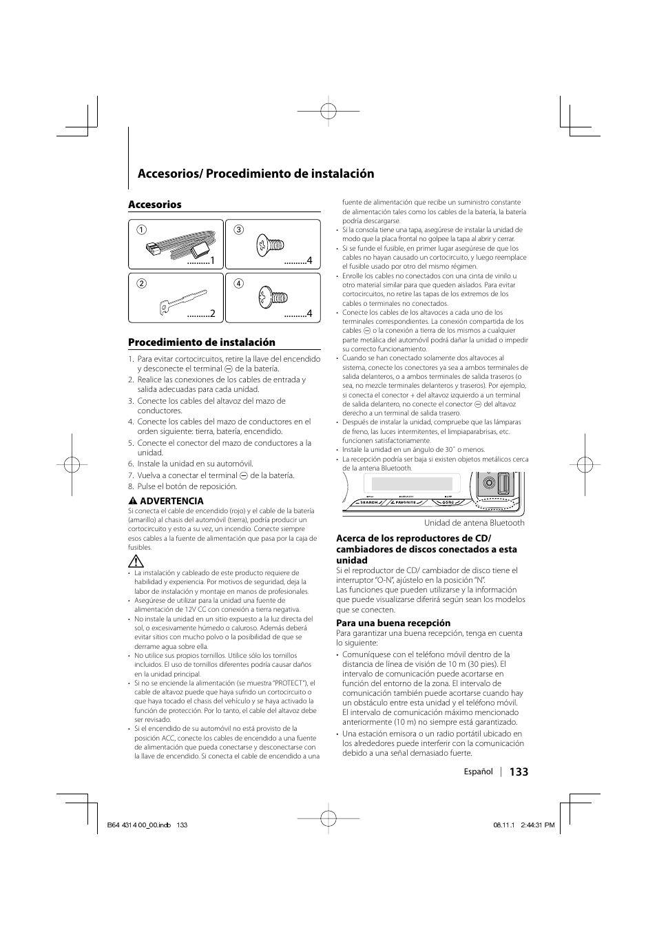 Accesorios/ procedimiento de instalación, Accesorios 1, 4 procedimiento de instalación | Kenwood KDC-BT742U User Manual | Page 133 / 140