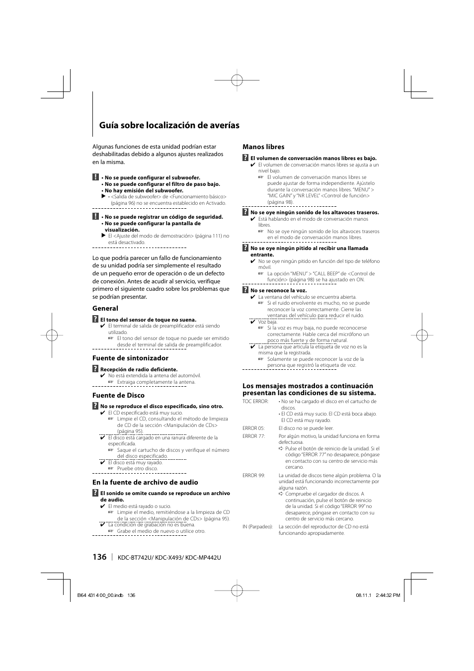 Guía sobre localización de averías | Kenwood KDC-BT742U User Manual | Page 136 / 140