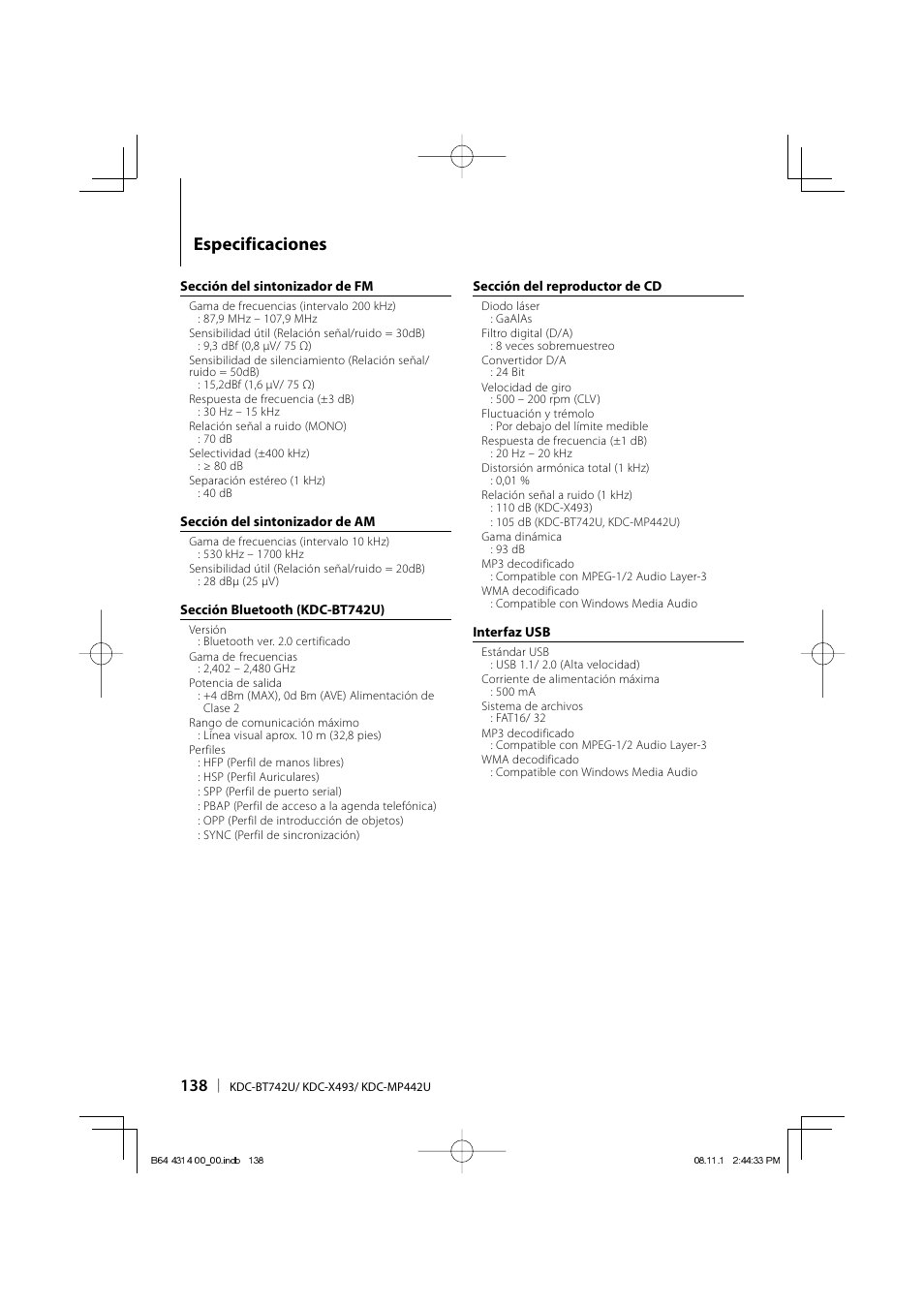 Especificaciones | Kenwood KDC-BT742U User Manual | Page 138 / 140