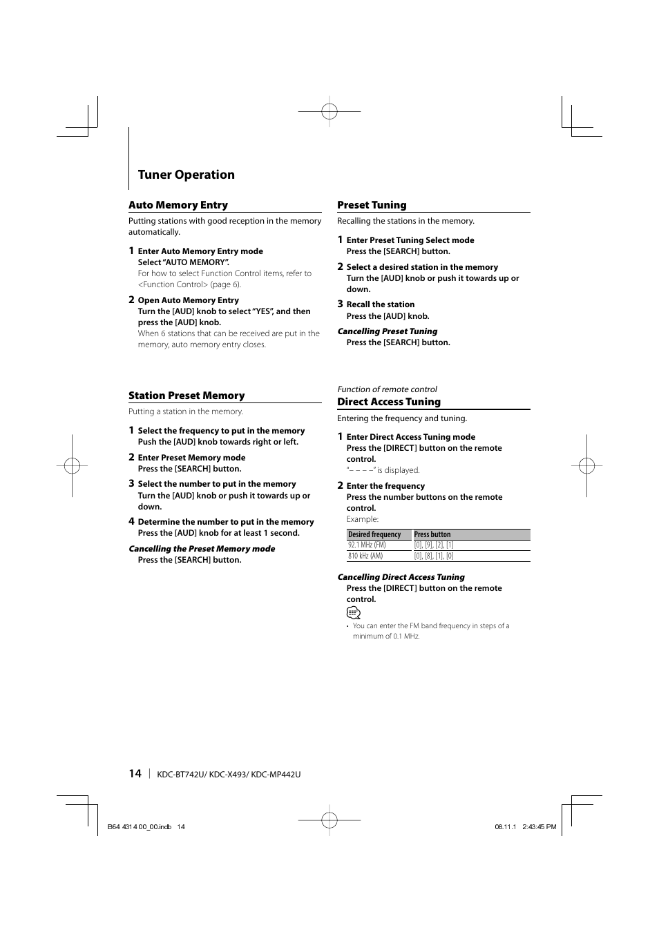 Tuner operation | Kenwood KDC-BT742U User Manual | Page 14 / 140