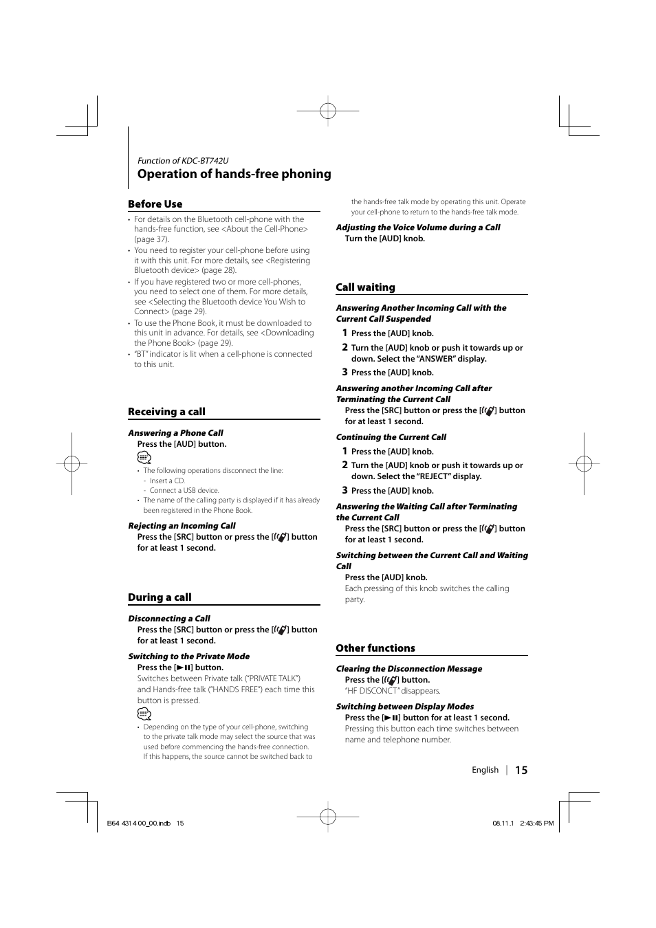 Operation of hands-free phoning | Kenwood KDC-BT742U User Manual | Page 15 / 140