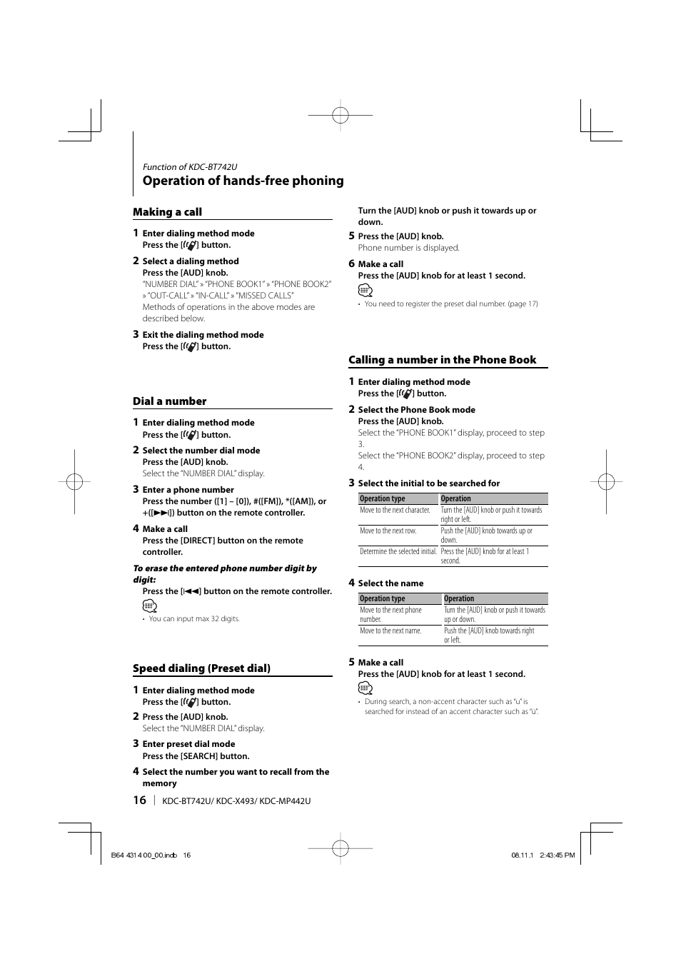 Operation of hands-free phoning | Kenwood KDC-BT742U User Manual | Page 16 / 140