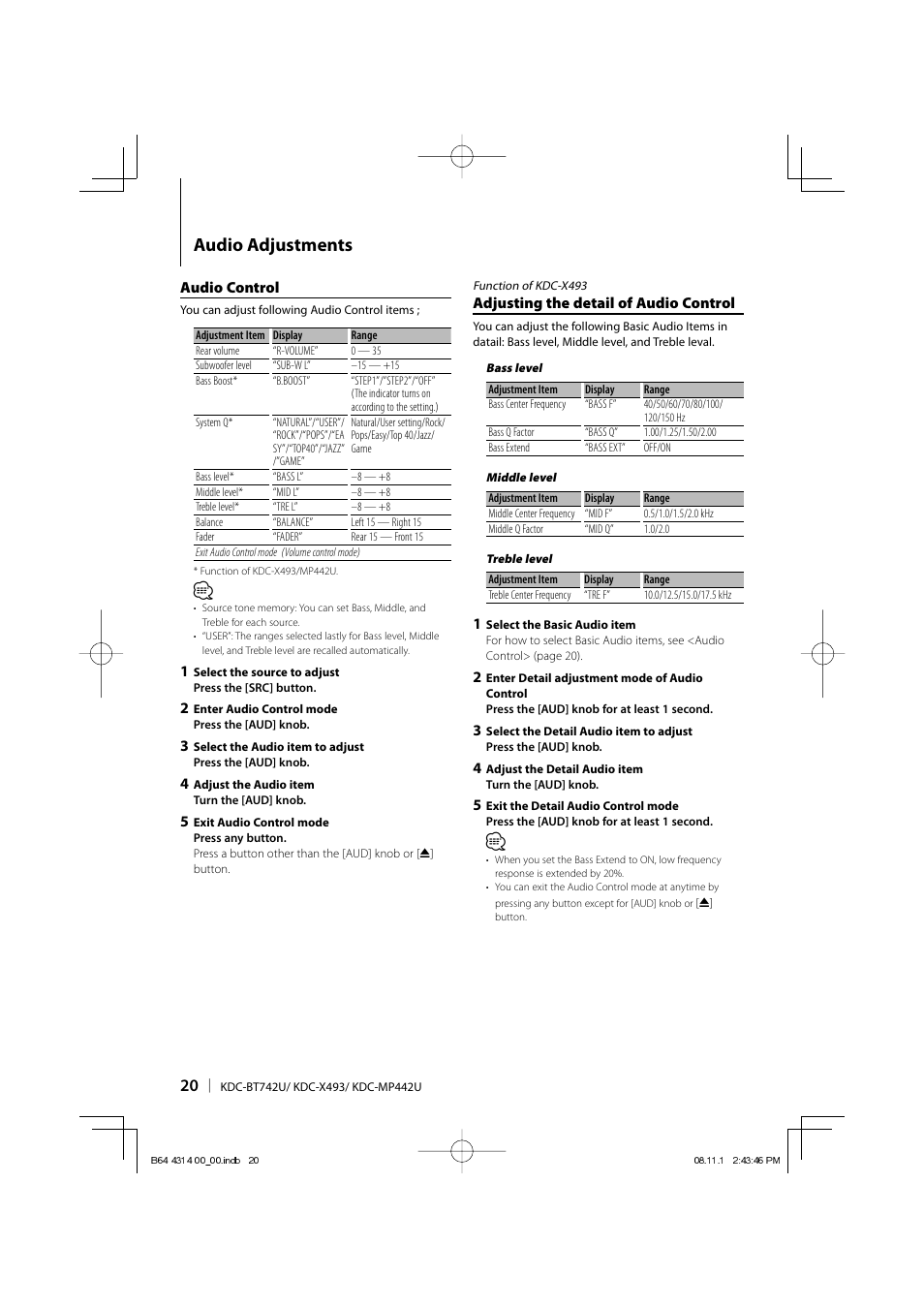 Audio adjustments | Kenwood KDC-BT742U User Manual | Page 20 / 140