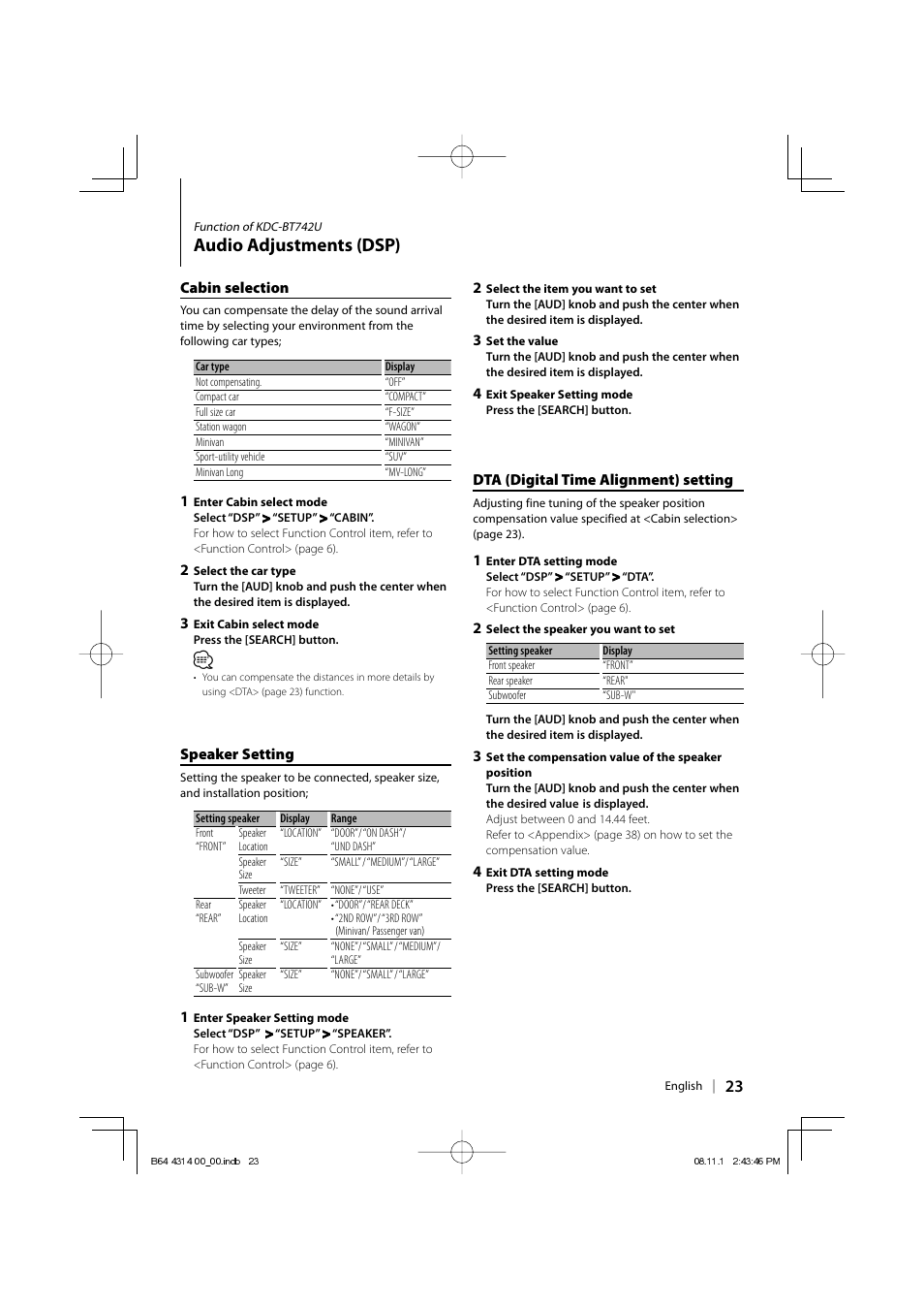 Audio adjustments (dsp) | Kenwood KDC-BT742U User Manual | Page 23 / 140