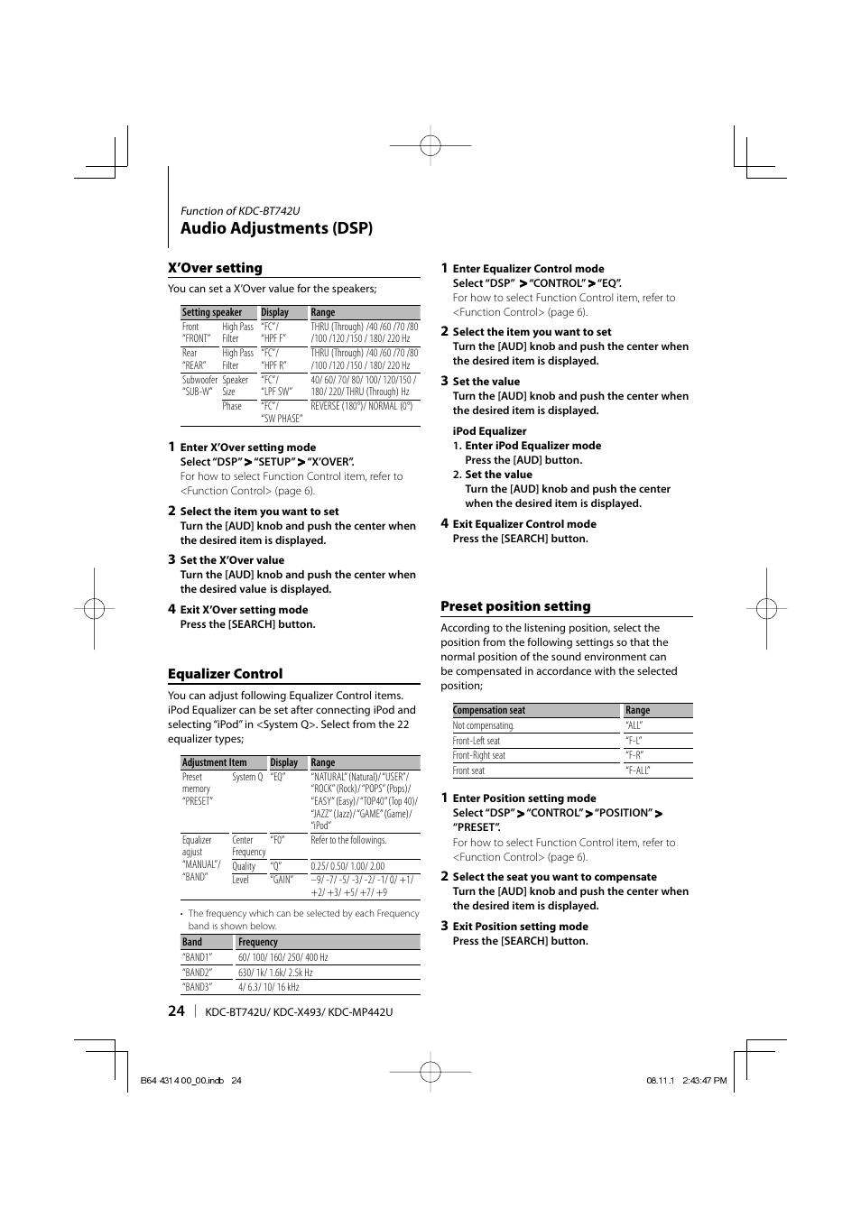 Audio adjustments (dsp) | Kenwood KDC-BT742U User Manual | Page 24 / 140