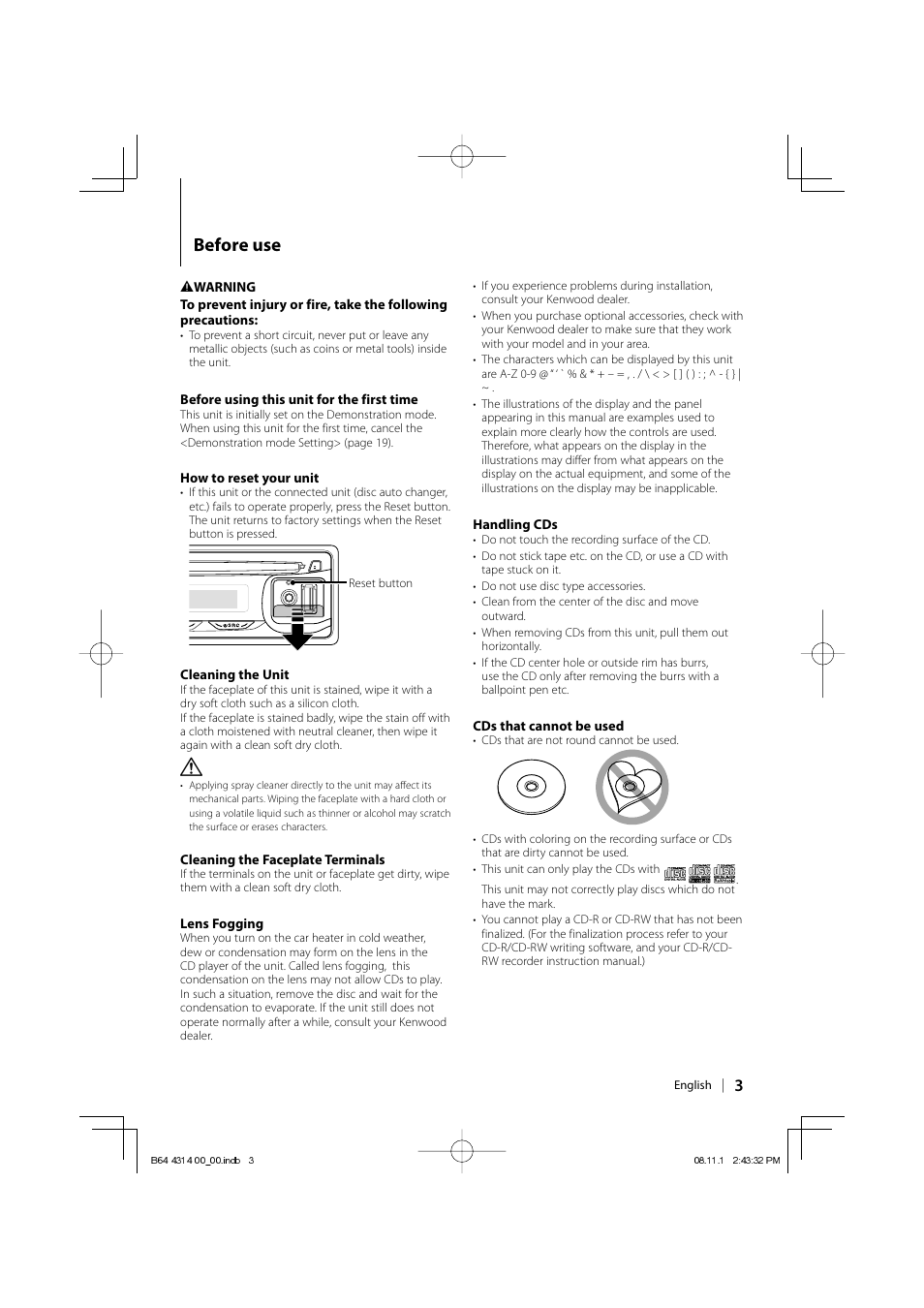 Before use | Kenwood KDC-BT742U User Manual | Page 3 / 140