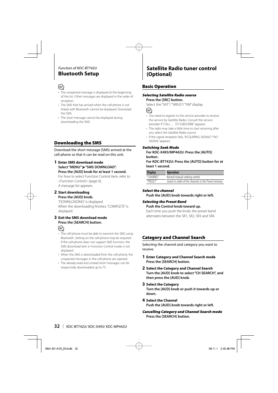 Bluetooth setup, Satellite radio tuner control (optional) | Kenwood KDC-BT742U User Manual | Page 32 / 140