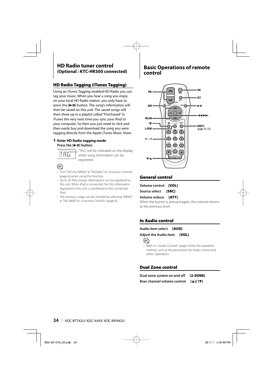 Hd radio tuner control, Basic operations of remote control, General control | Dual zone control | Kenwood KDC-BT742U User Manual | Page 34 / 140