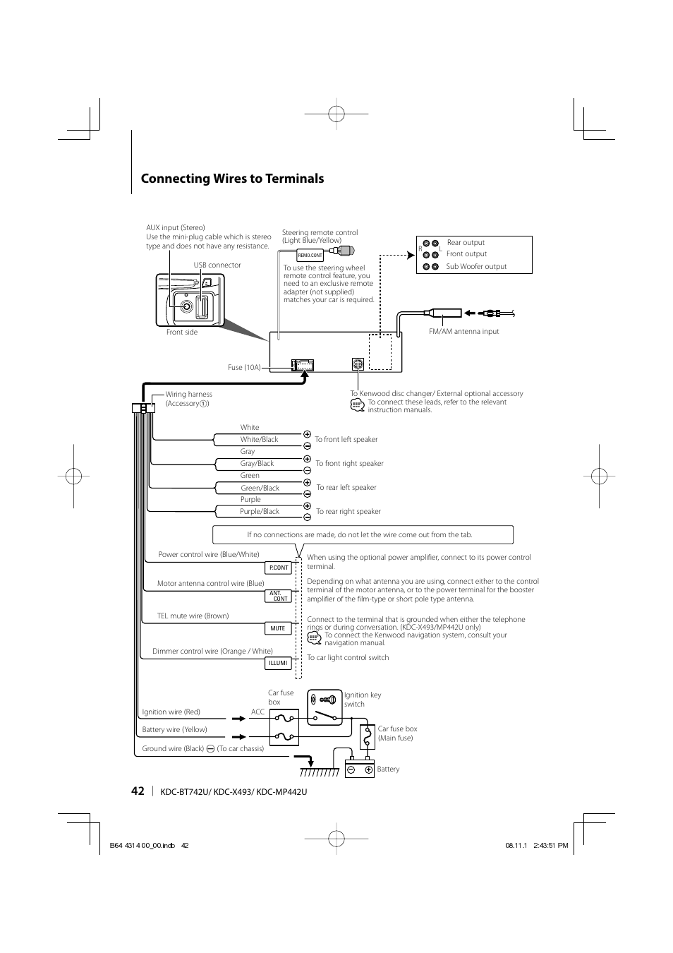 Connecting wires to terminals | Kenwood KDC-BT742U User Manual | Page 42 / 140