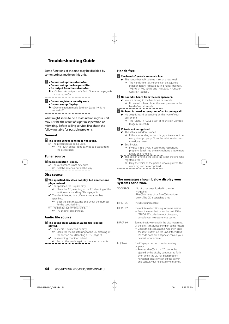 Troubleshooting guide | Kenwood KDC-BT742U User Manual | Page 44 / 140