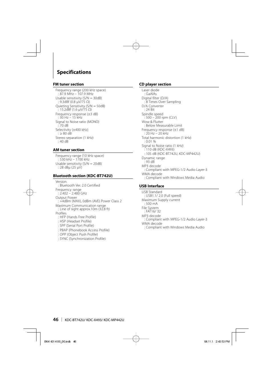 Specifications | Kenwood KDC-BT742U User Manual | Page 46 / 140